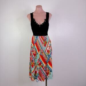 Spense Floral Pleated Elastic Waist A-Line Midi Skirt Boho Green Orange Sz M NWT